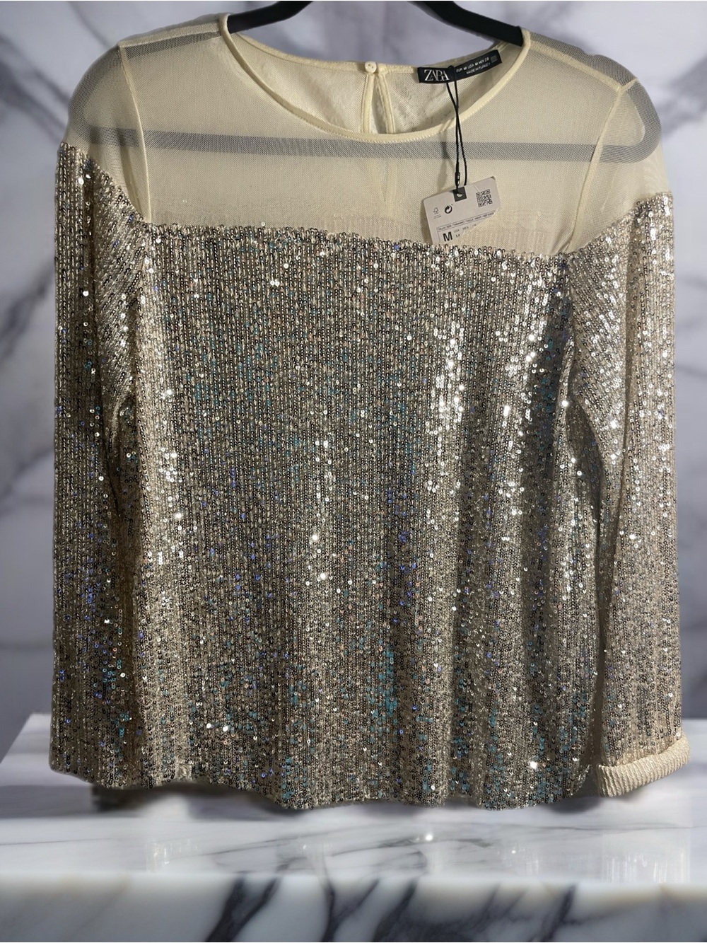 Zara Sheer Yoke Sequin Top - Cream & Silver